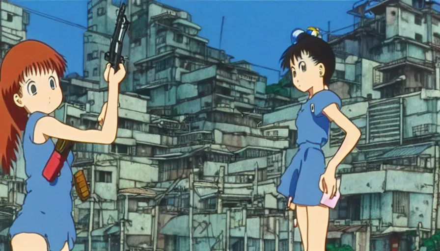 Prompt: 1 9 8 6 anime screencap of a girl with a gun on a rio de janeiro anime, by hayao miyazaki, studio ghibli, beautiful favela background extremely high quality artwork 4 k