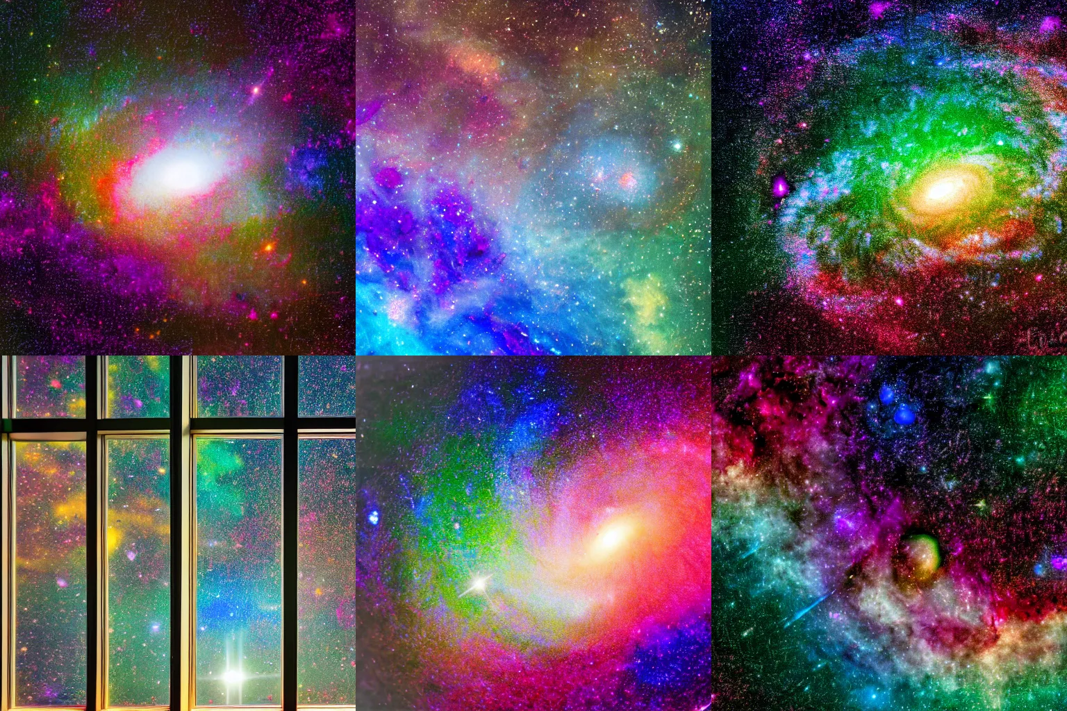 Prompt: a beautiful and colorful galaxy seen through large glass windows from indoors, 4 k photograph