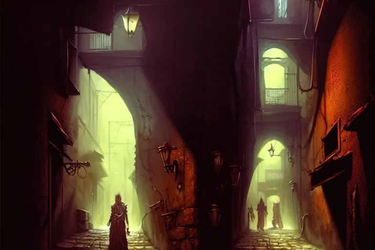 Image similar to a shadowy alleyway in the city of tyr from athas, amazing dark sun d & d art, by gerald brom, by wlop, intricate details, ultra realistic, beautiful, volumetric lighting, warm colors advance cool colors recede, the rule of thirds, by greg rutkowski, trending cgsociety, artstation