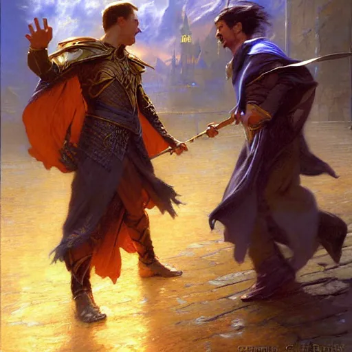 Prompt: stunning male master wizard fighting another wizard who has dark spell, highly detailed painting by gaston bussiere, craig mullins, j. c. leyendecker, 8 k