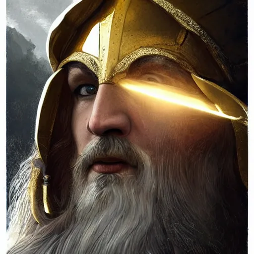 Image similar to Jennifer Lawrence as ancient greek woman in golden helmet, giant grey-haired bearded male face in the sky, epic fantasy style art, fantasy epic digital art