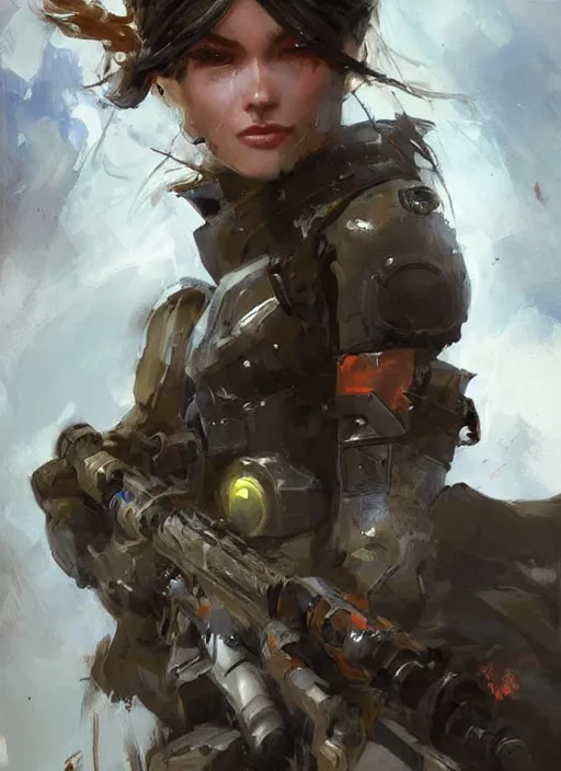 Prompt: of a beautiful sniper girl in war, with some futuristic gear and helmet, portrait by ruan jia and richard s. johnson, detailed, epic video game art, warm color tone