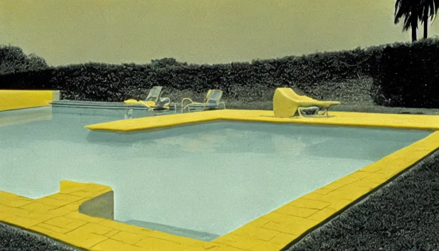 Image similar to 1 9 6 0 s movie still of an empty light yellow tiles swimmingpool, low quality, liminal space style