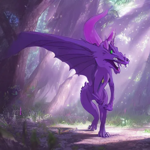 Image similar to concept art painting of a purple anime furry anthro dragon, in the deep forest, realistic, detailed, cel shaded, in the style of makoto shinkai and greg rutkowski and james gurney