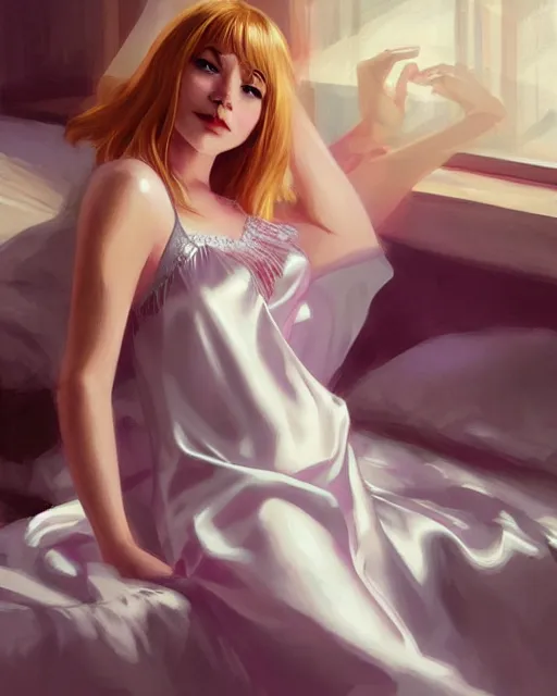 Image similar to gwen stacy wearing a satin nightgown, laying in bed, attractive, casual, digital painting, artstation, concept art, smooth, sharp focus, illustration, art by artgerm and greg rutkowski and sakimichan