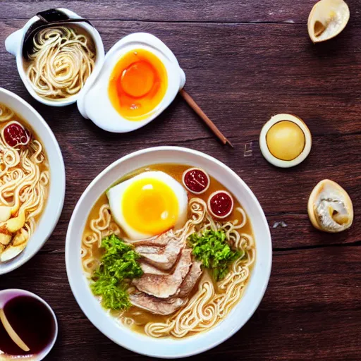 Image similar to flying biscuit ramen with breakfast toppings. photography. food photoshoot. advertisment photography. 4 k. realistic.