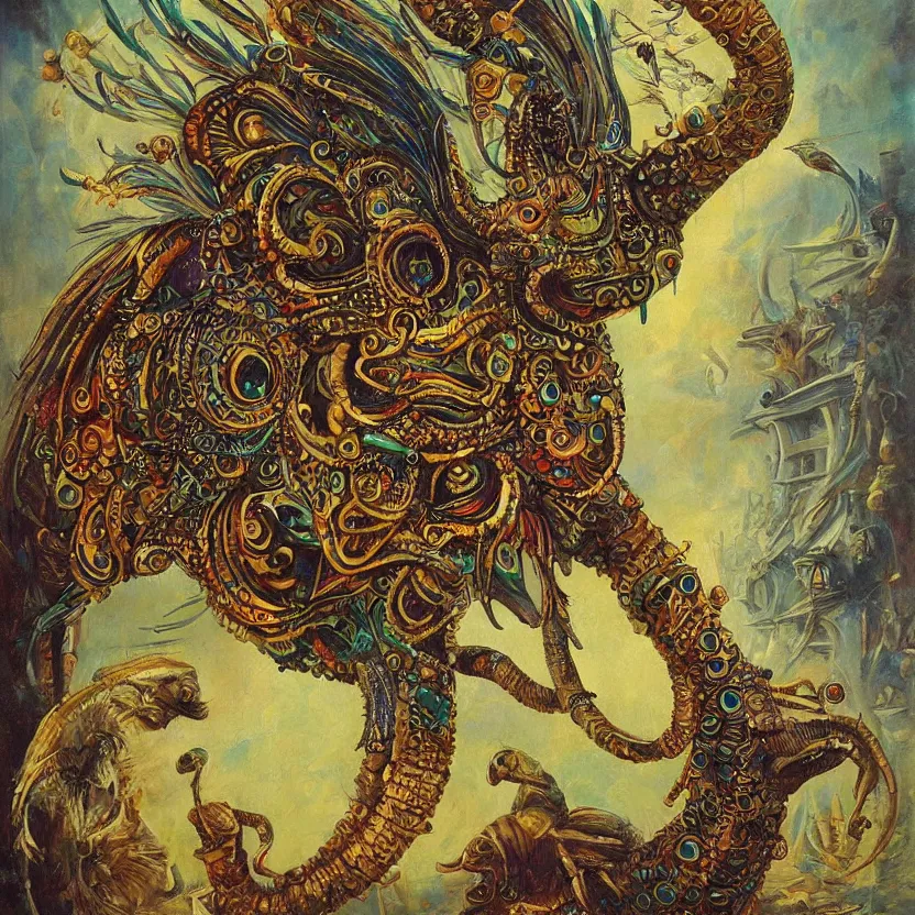 Prompt: alien elephant, peacock, and fish. feathers. strange anatomy. pulp sci - fi art. baroque period, oil on canvas