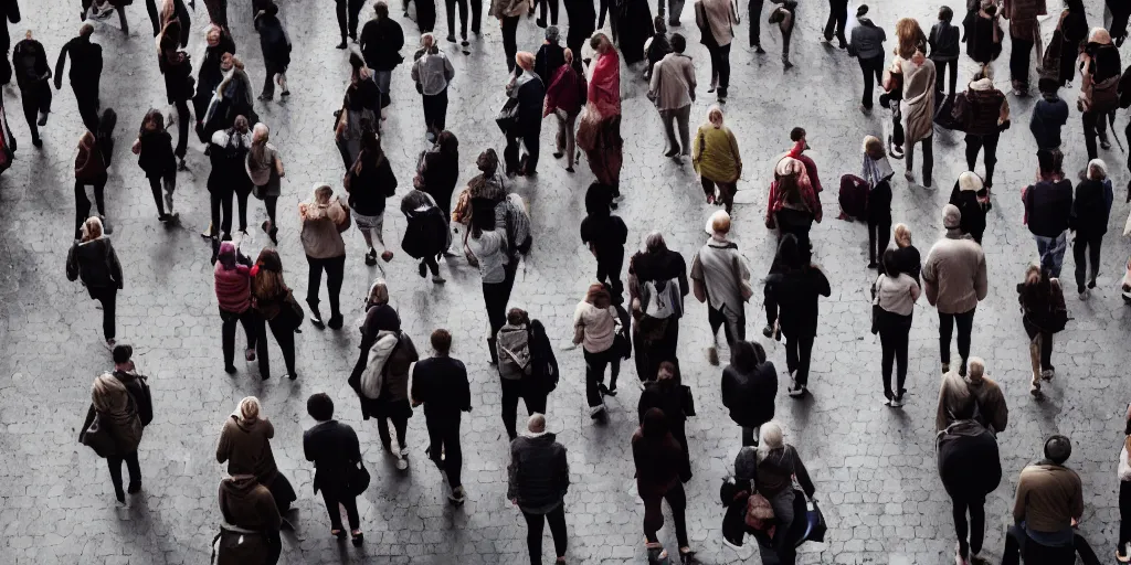 Image similar to istock, groups of people, from behind, wide angle, cinematic atmosphere, elaborate, highly detailed, istock, dramatic lighting