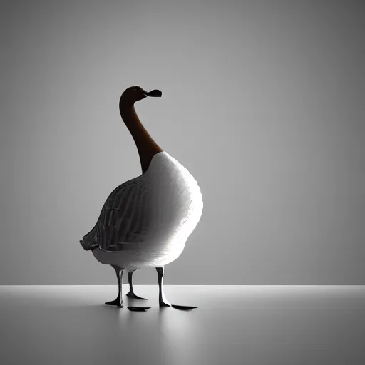 Prompt: a portrait of judgemental goose sitting on a table, close view, unreal, cinema 4d render, Ray tracing reflection, studio light