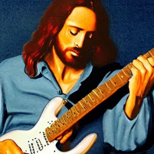 Prompt: a photo of Jesus Christ playing electric guitar Stratocaster, with big muscles - n 9