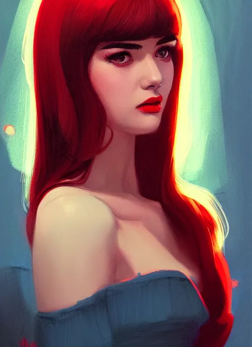 Image similar to portrait of veronica lodge with bangs, 1 9 6 0 s, long hair, red clothes, bangs, intricate, elegant, glowing lights, highly detailed, digital painting, artstation, concept art, smooth, sharp focus, illustration, art by wlop, mars ravelo and greg rutkowski