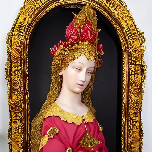 Prompt: portrait gracious saint, ornate headdress, behind craving filigree carved out of ivory, draped with red hybiscus, flowing robes, intricate insanely detailed