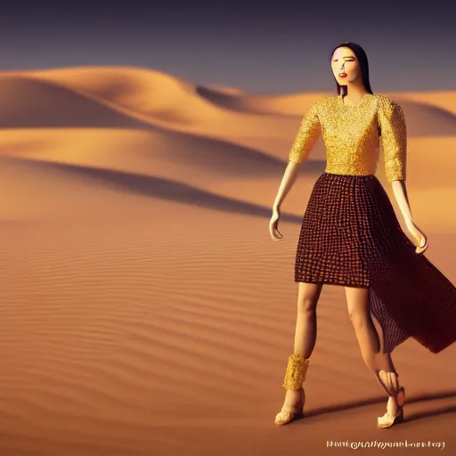 Image similar to innovative avant-garde art, deco fashion, asian women, wearing skirt, highly detailed, photo-realistic portrait, serene desert setting, golden hour, crisp quality and light reflections, unreal engine 5 quality render