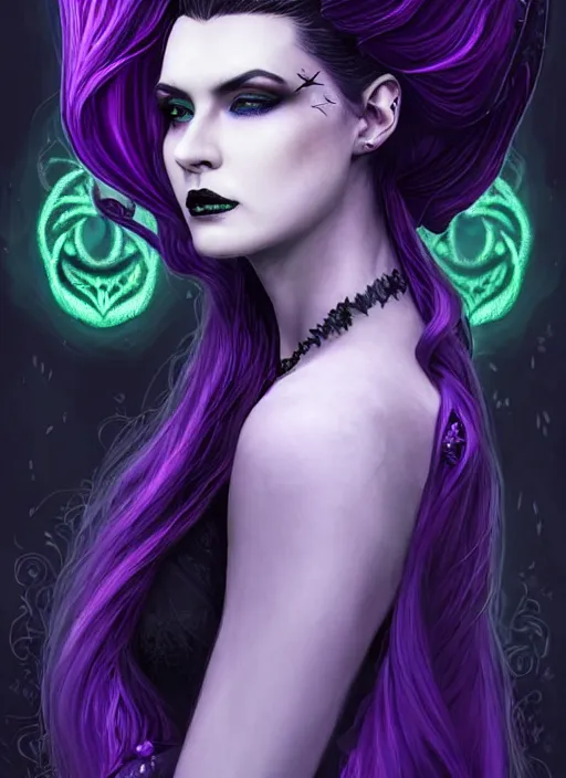 Image similar to side portrait dark queen, witch outfit large cloak, fantasy forest landscape, dragon scales, fantasy magic, undercut hairstyle, short purple black fade hair!!!!!!, dark light night, intricate, elegant, sharp focus, illustration, highly detailed!!!!!!!, digital painting, concept art, green neon smoke, matte painting, art by WLOP and Artgerm and Greg Rutkowski and Alphonse Mucha, masterpiece