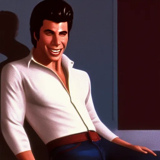 Image similar to a portrait of a beautiful John Travolta from Grease (1978), smiling, Edward Hopper style, clear eyes, illustration, soft lighting, soft details, painting oil on canvas, octane render, HDR, trending on artstation, 4k, 8k, HD