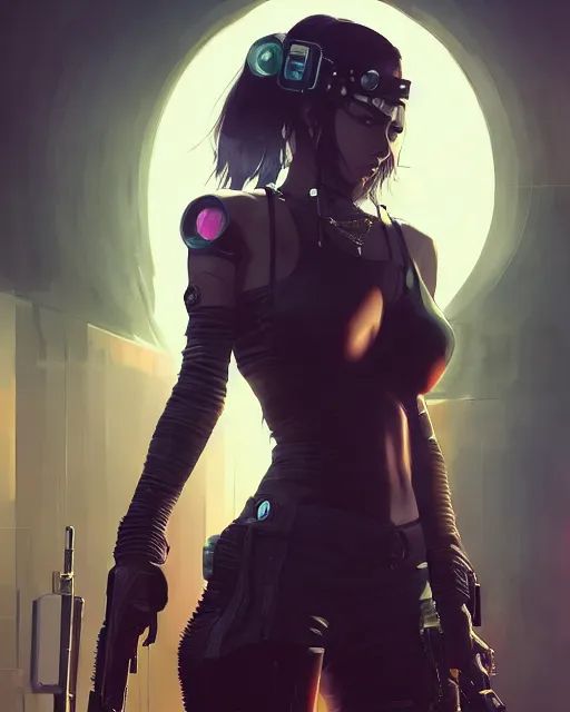 Prompt: female assassin wearing cyberpunk warcore, detailed portrait, cell shaded, 4 k, vivid colours, concept art by wlop, ilya kuvshinov, artgerm, krenz cushart, greg rutkowski, pixiv. cinematic dramatic atmosphere, sharp focus, volumetric lighting, cinematic lighting, studio quality