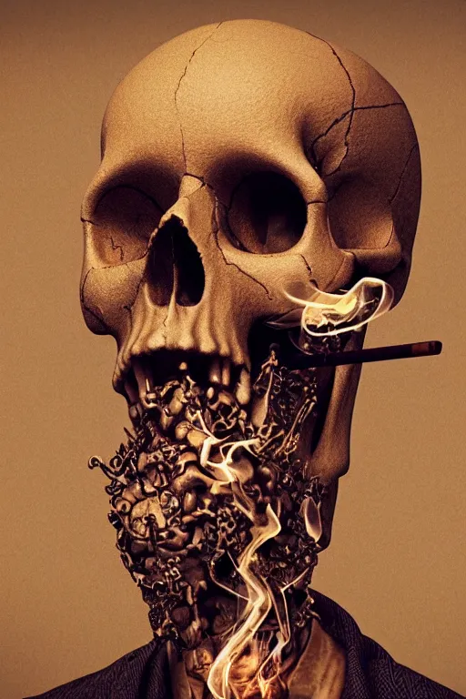 Prompt: portrait of a skull smoking a cigar, intricate, abstract, intricate artwork, nightmare fuel by tooth wu wlop beeple dan mumford, octane render