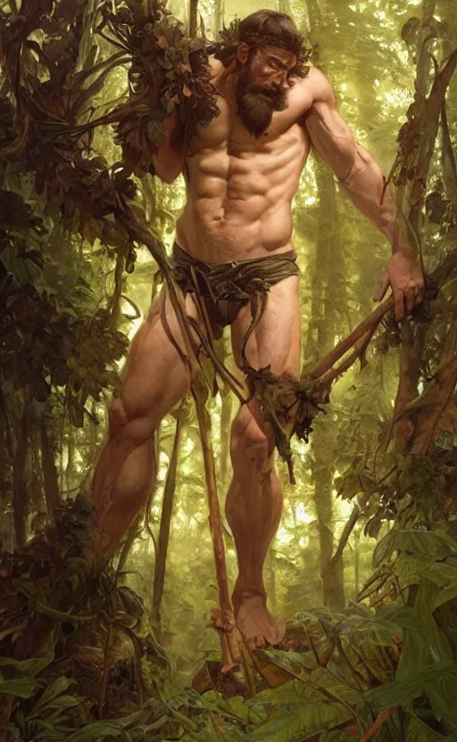 Image similar to god of the forest, 30 years old, rugged, male, gorgeous, detailed face face face face, amazing, thighs thighs thighs thighs, muscular, intricate, highly detailed, digital painting, artstation, concept art, sharp focus, illustration, art by greg rutkowski and alphonse mucha