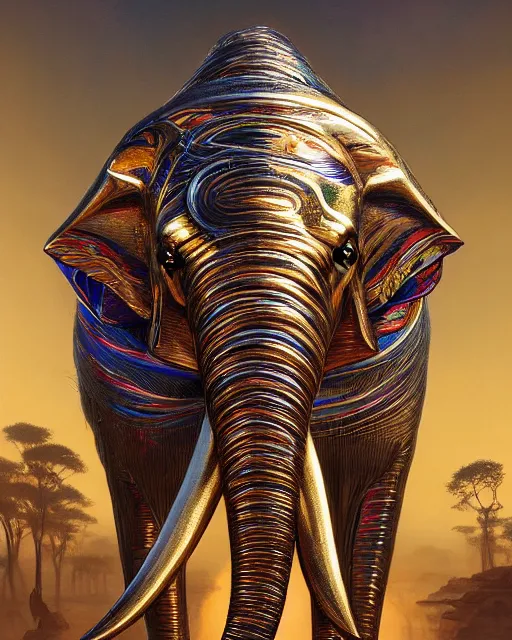 Image similar to highly detailed surreal vfx portrait of a sacred metallic chromatic geometric tribal elephant behance, stephen bliss, unreal engine, greg rutkowski, loish, rhads, beeple, makoto shinkai and lois van baarle, ilya kuvshinov, rossdraws, tom bagshaw, alphonse mucha, global illumination, detailed and intricate environment