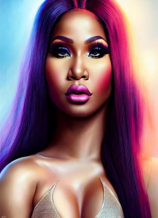 Image similar to a gorgeous rendition of nicki minaj, professionally retouched, soft lighting, realistic, smooth face, full body shot, torso, dress, perfect eyes, wide angle, sharp focus on eyes, 8 k high definition, insanely detailed, intricate, elegant, art by artgerm and jason chan and mark hill, safe for work