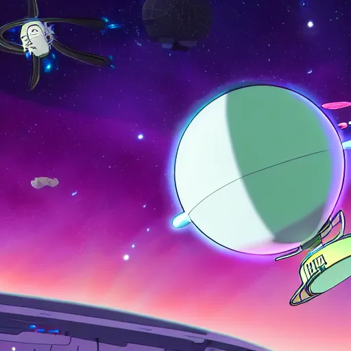 Image similar to screenshot rick and morty flying in their regular ufo in deep space, the death star explodes on background