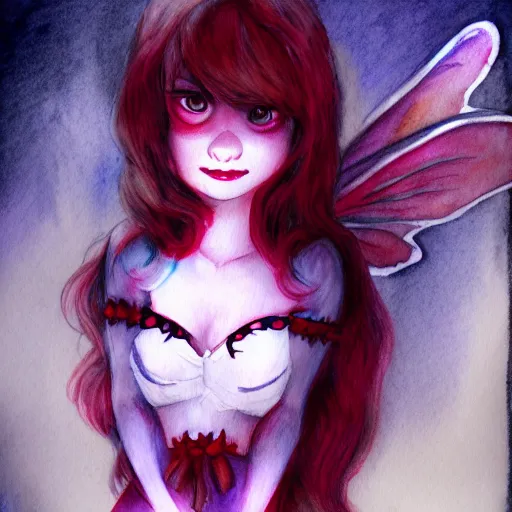 Prompt: an adorable vampire fairy, 8 k resolution watercolor pencil drawing, cinematic lighting, deviantart artstation