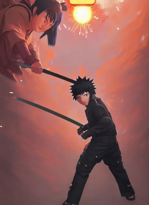 Prompt: highly detailed katana weilding naruto uzumaki with black hair, fighting with policeman art by greg rutkowski, loish, rhads, ferdinand knab, makoto shinkai and lois van baarle, ilya kuvshinov, rossdraws, tom bagshaw, global illumination, radiant light, detailed and intricate environment