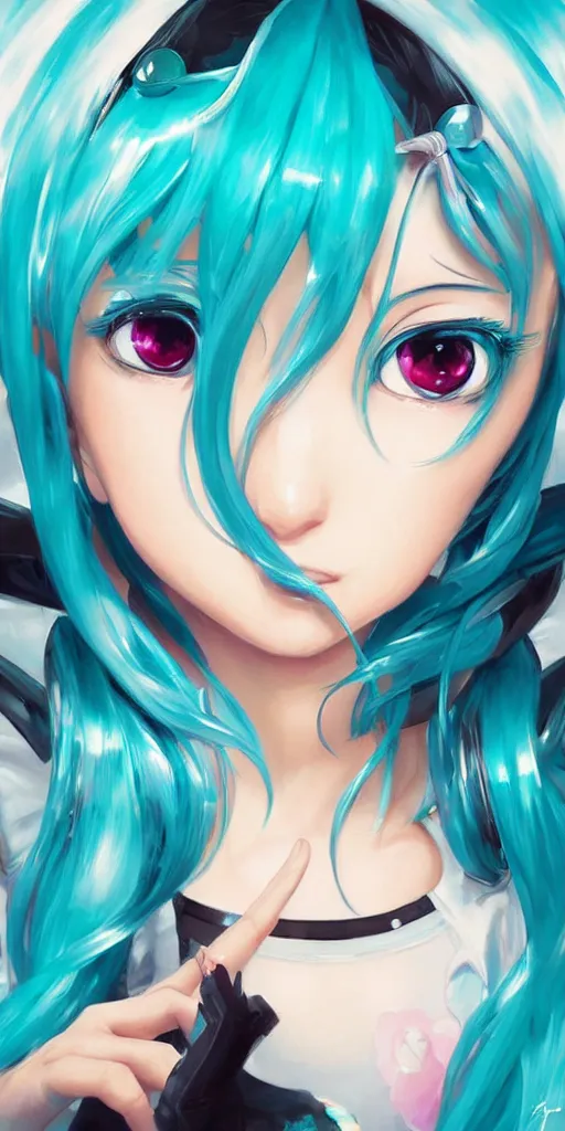 Image similar to A very beautiful painting of Hatsune Miku by rossdraws, wlop, artgerm, Gil Elvgren, Ilya kuvshinov