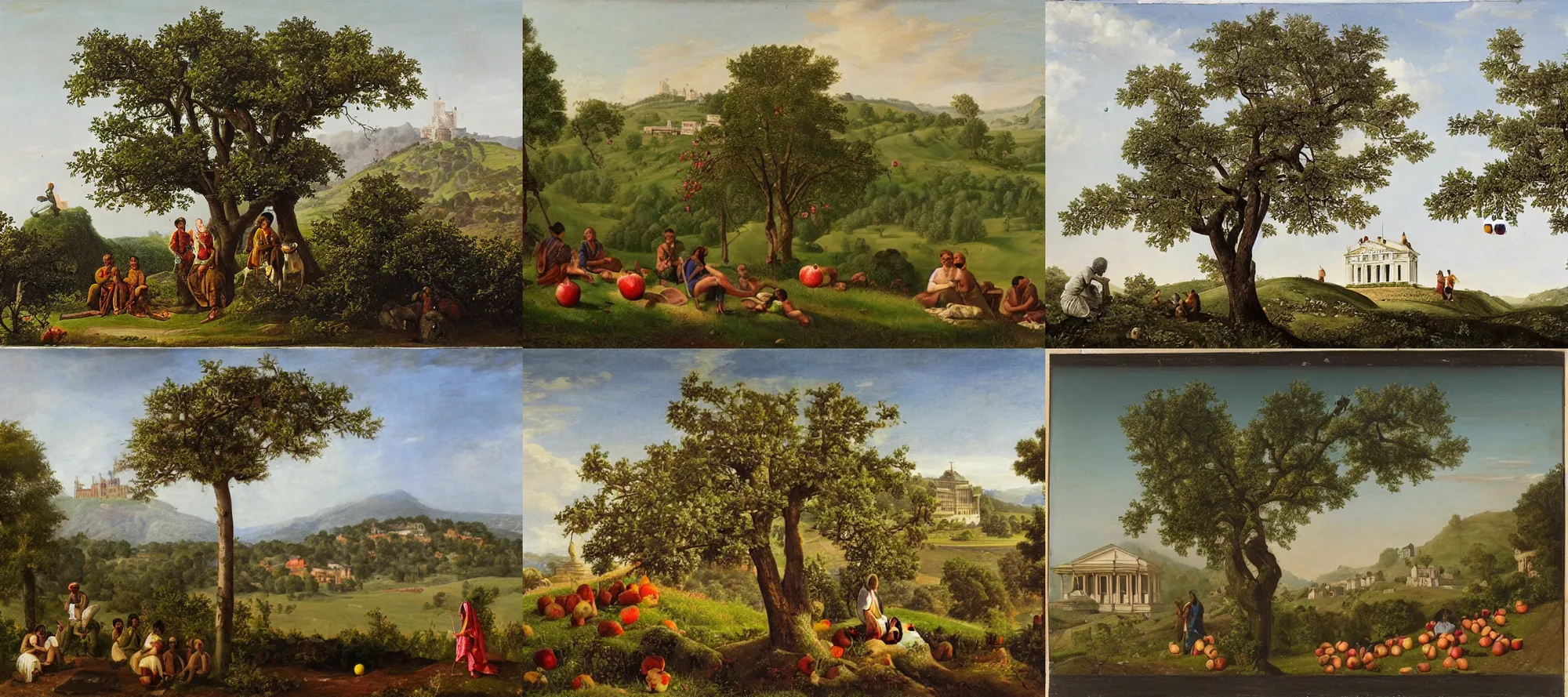 Prompt: classical realism, apples on trees on top of hill with indians in foreground and colonial house in background