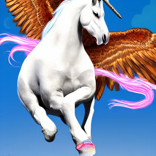 Prompt: digital illustion of a beautiful unicorn riding on the back of a flying bald eagle, deviantArt, artstation, artstation hq, hd, 4k resolution