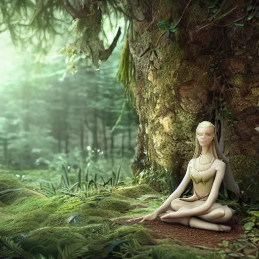 Prompt: elven princess meditating in forest, digital art, octane render, ultra detailed, intricate, sacred geometry, serene, beautiful, photo, realistic, perfect, smooth, 8k