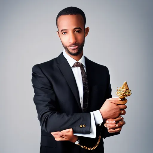 Image similar to portrait of Anubis wearing an elegant suit with a shiny gold necklace, looking at the camera, black background, studio light