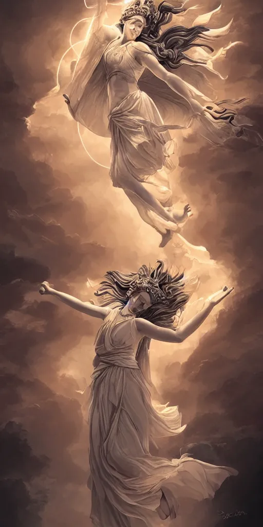 Prompt: goddess athena dancing in the wind, beautiful, ethereal, gorgeous, volumetric lighting, elegant, fluid, highly detailed, digital painting, concept art, highly detailed, smooth, illustration, limited color palette, atmosphere and tension, trending on artstation