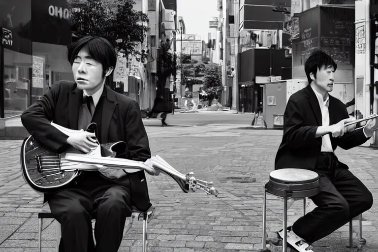 Image similar to still photo of a japanese man playing jazz on the street, black and white color aesthetic, highly detailed, photorealistic portrait, bright studio setting, studio lighting, crisp quality and light reflections, unreal engine 5 quality render