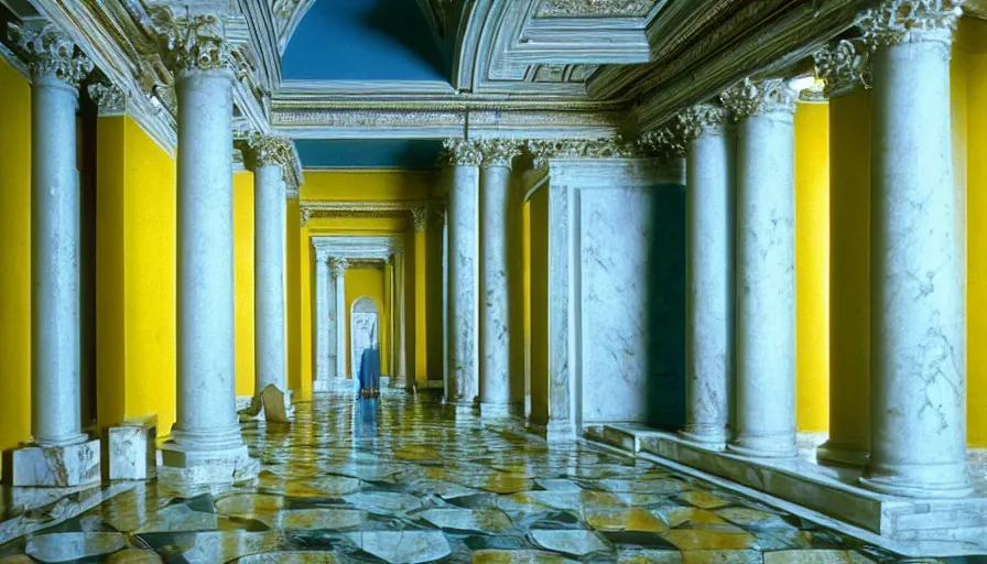 Prompt: 1 9 7 0 s movie still of old socrates in blue drapery in a washy yellow neoclassical corridor with collums inside a marble - pit, cinestill 8 0 0 t 3 5 mm, high quality, heavy grain, high detail, panoramic, ultra wide lens, cinematic composition, dramatic light, anamorphic, piranesi style