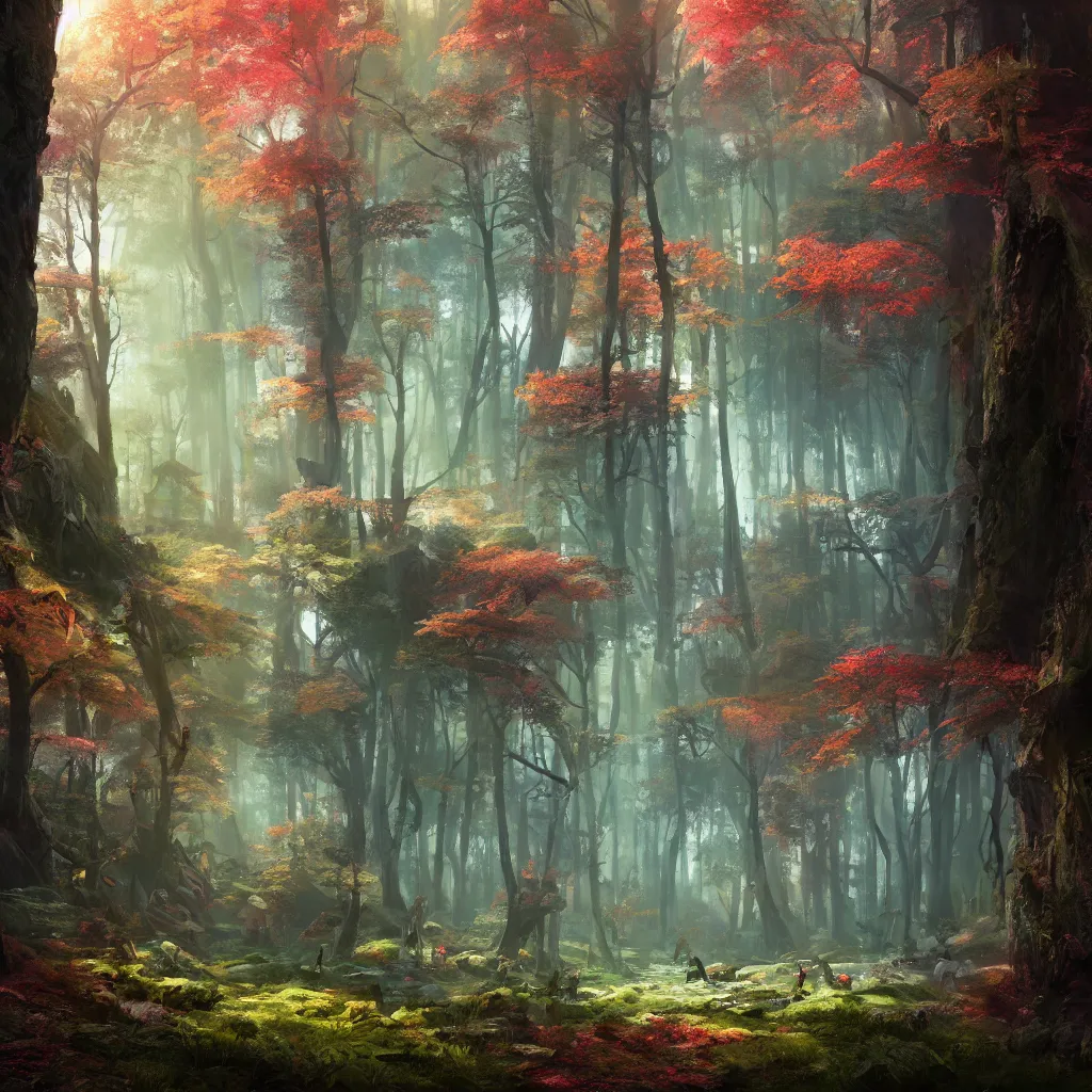 Image similar to A beautiful and colourful forest by Greg Rutkowski, Sung Choi, Mitchell Mohrhauser, Maciej Kuciara, Johnson Ting, Maxim Verehin, Peter Konig, final fantasy , 8k photorealistic, cinematic lighting, HD, high details, atmospheric,