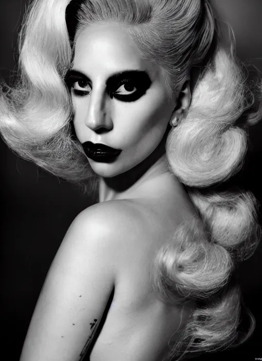 Image similar to lady gaga in a 1 9 6 0 s themed photoshoot, nick knight, dark, posing, style, vogue magazine, highly realistic. high resolution. highly detailed. dramatic. 8 k. 4 k.