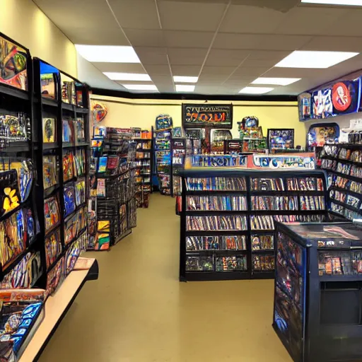Image similar to trading card game store, nerdy, good vibes, friendly employees, good community, no colluding