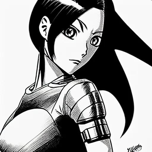 Image similar to alita by yukito kishiro. medium shot. black and white manga. pencil drawing.