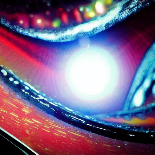 Image similar to extreme close - up shot of a tear in the fabric of time. imax, 7 0 mm. digital live - action. concept art. dramatic lighting. spin ( novel ). neo - noir science fiction. skittles.