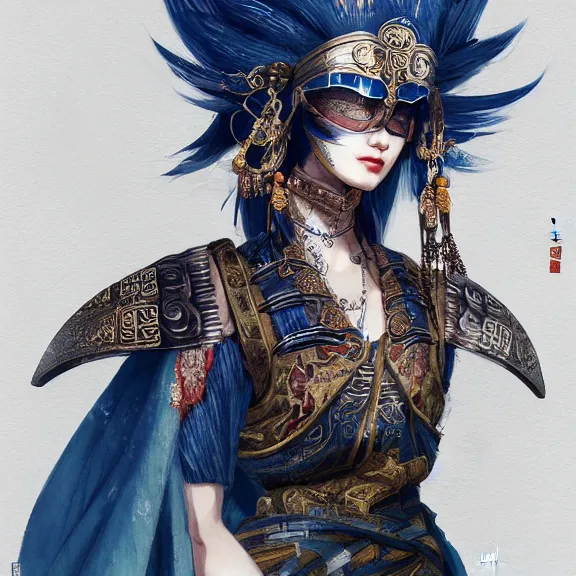 Image similar to ancient chinese princess with steampunk mask, dynasty warriors, divine, unreal engine, 8 k, blue color scheme, headshot, highly detailed, smooth, ink painting, artstation, concept art, in style of yoji shinkawa, pan ren wei, col price, atey ghailan, by greg rutkowski, aesthetic