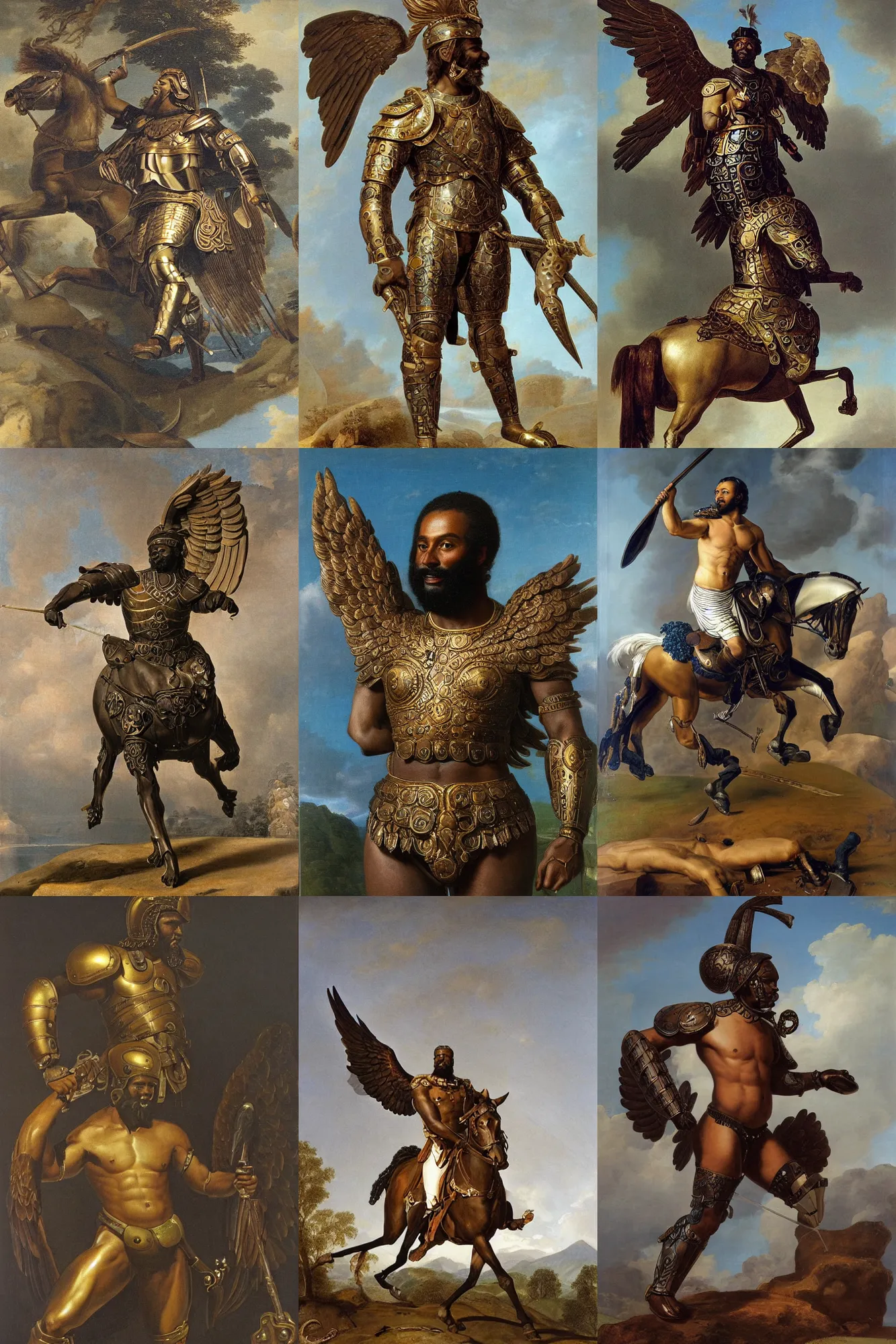 Prompt: friendly, smiling spartan, black skin. Oily muscles. long thick black beard. Big smile. Eagle wings. Intricate Bronze armour, with large blue gems. Swirly Engravings. Masterwork oil painting. By George Stubbs.