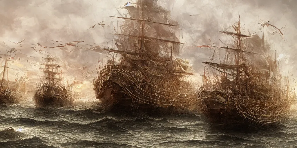 Prompt: there once was a ship that put to sea, the name of the ship was the billy of tea, the winds blew up, her bow dipped down, oh blow, my bully boys, blow by alan lee, intricate, highly detailed, digital painting, artstation, concept art, smooth, sharp focus, illustration, vfx
