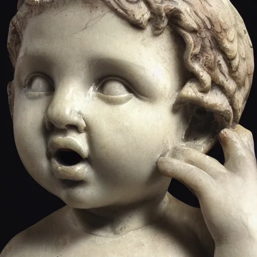 Prompt: marble sculpture of a child with small two wings, finger in his mouth, hushing