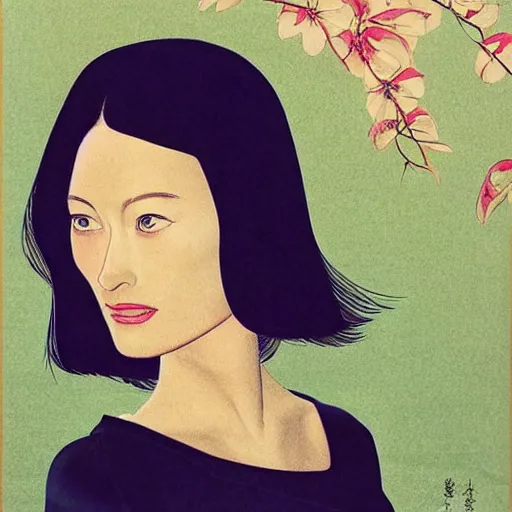 Image similar to “ olivia wilde portrait by ikenaga yasunari and ayana otake and ko rakusui, 6 0 s poster, drawing, realistic, sharp focus, japanese, dreamy, nostalgia, faded, golden hues, floral clothes ”