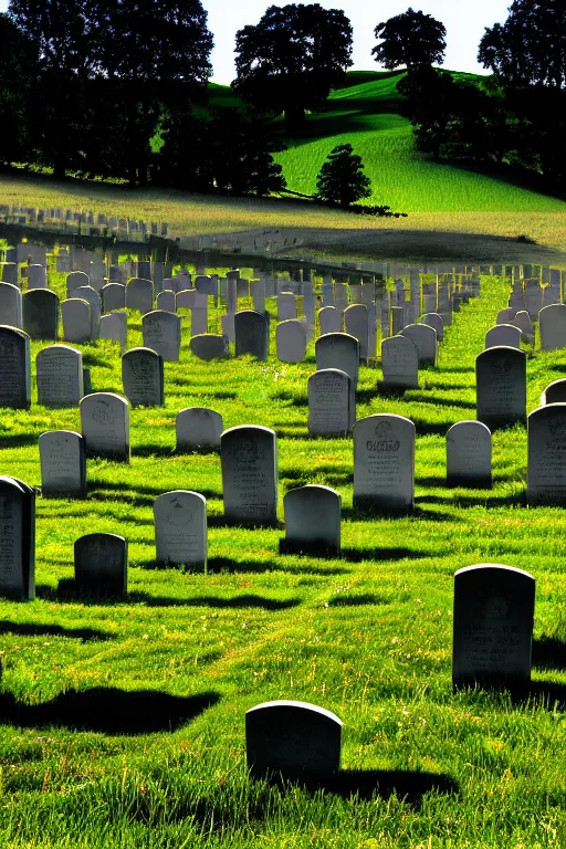 Image similar to windows xp bliss hills screensaver with a graveyard, with many gravestones