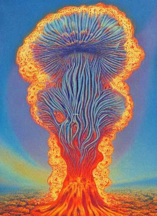 Image similar to 8 0 s new age album cover depicting a nuclear mushroom cloud in the shape of guy fieri, very peaceful mood, oil on canvas by ernst haeckel, by wayne thiebaud, cinestill with red halation