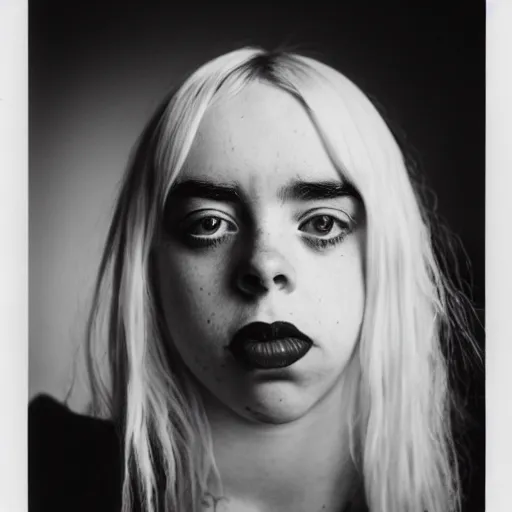 Prompt: photo of Billie Eilish by Diane Arbus, black and white, high contrast, Rolleiflex, 55mm f/4 lens