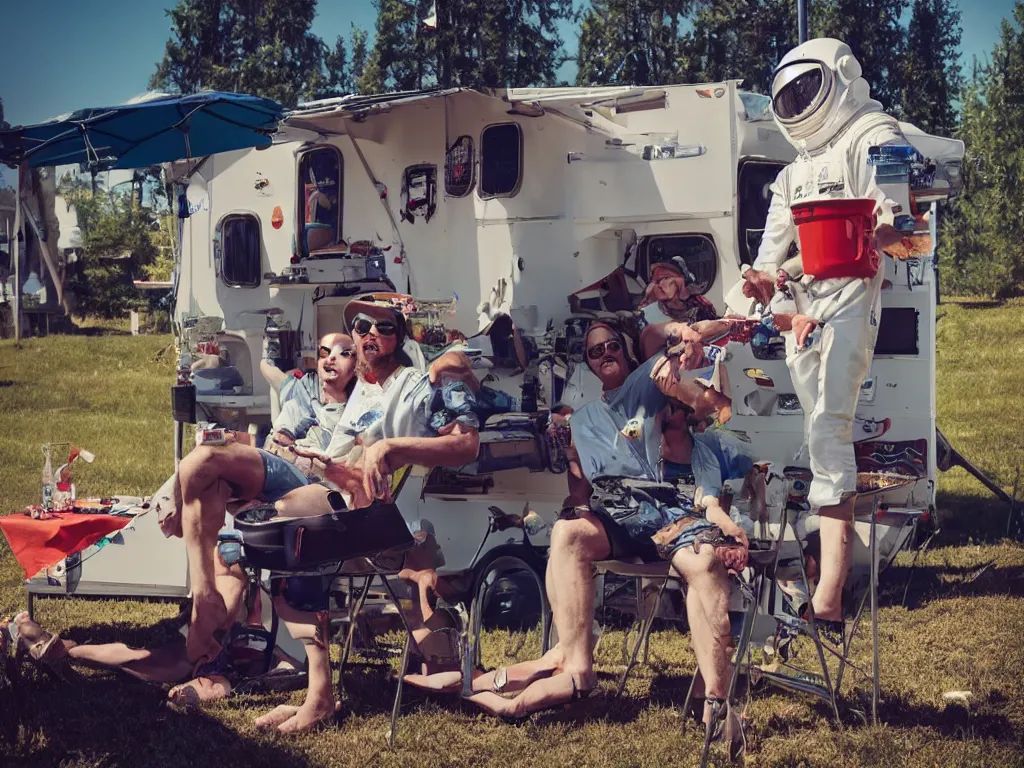 Prompt: redneck astronaut summer grillparty in trailer park, detailed, cinematic photo