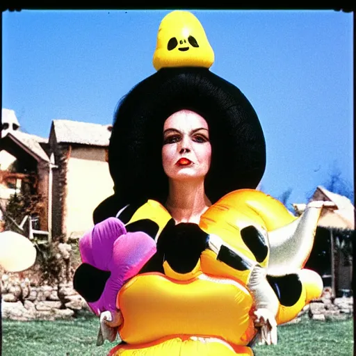 Image similar to 1976 glamorous middle aged woman wearing an inflatable toy head, wearing a dress, in a small village full of inflatable animals, 1976 French film archival footage technicolor film expired film 16mm Fellini new wave John Waters Russ Meyer movie still